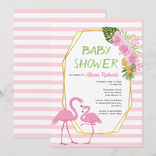 ゴールドの多角形、ピンクのフラミンゴのベビーシャワー 招待状 (正面/裏面)