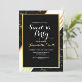 ゴールドの大理石のストライプ タイポグラフィー ブラック スイート 16 招待状 (スタンド正面)