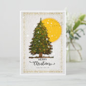 ゴールドの太陽を背景にしたエレガントなクリスマスツリーカード 招待状 (スタンド正面)