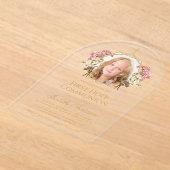 ゴールドの女の子の写真付き 花のピンク エレガントな初めての聖体拝領 アクリル招待状 (レイダウン)