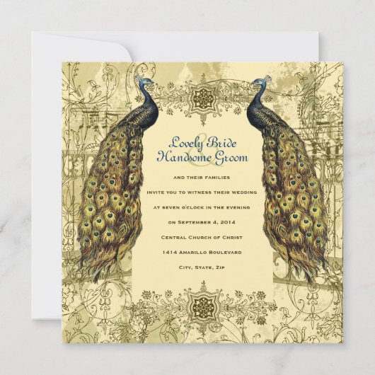 ゴールドの孔雀 オーシャンテイジ ヴィンテージ ウェディング 招待状 (正面)