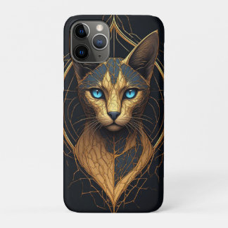 ゴールドの幾何学模様がアクセントの黒猫の肖像画 iPhone 11 PROケース