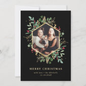 ゴールドの幾何学模様のグリーンとブラックのクリスマス写真 シーズンカード (正面)