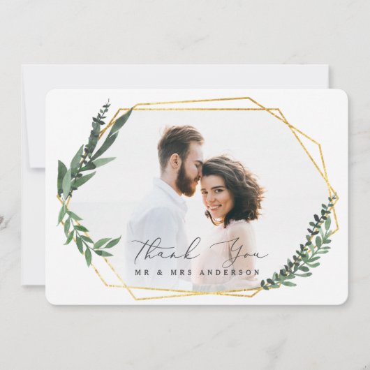 ゴールドの幾何学的な水彩の葉 サンキューカード (正面)