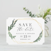 ゴールドの幾何学的な水彩の葉 セーブザデート (スタンド正面)