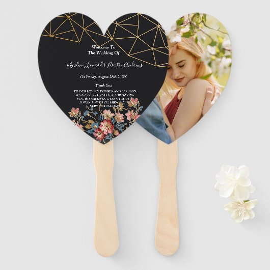 ゴールドの幾何学的な結婚式のプログラム ハンドファン (正面&裏面)