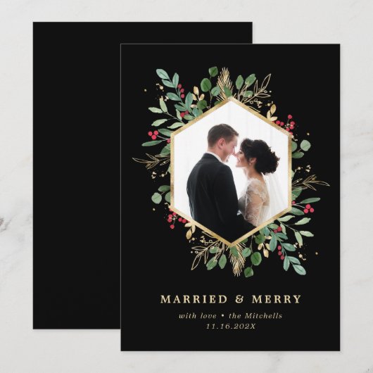 ゴールドの幾何学的な装飾と緑豊かなクリスマスツリーの結婚記念写真 シーズンカード (正面/裏面)