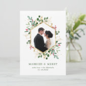 ゴールドの幾何学的な装飾の結婚とクリスマスの写真 シーズンカード (スタンド正面)
