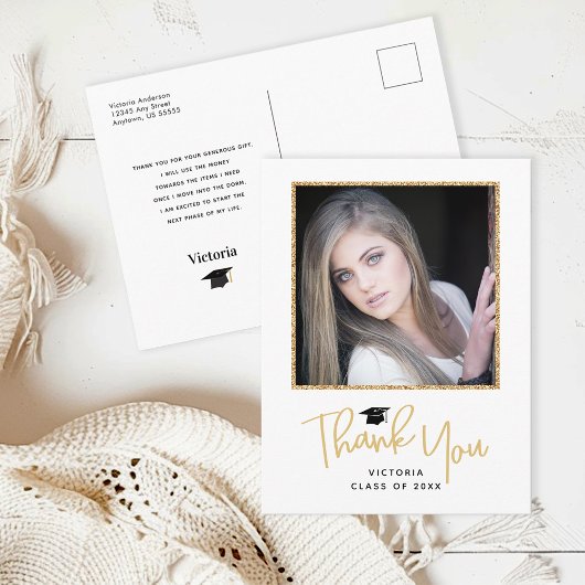 ゴールドの手書きフォト 卒業 ありがとう ポストカード