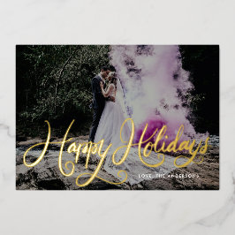 ゴールドの文字でメリークリスマス 1枚の写真でハッピー 箔シーズンカード