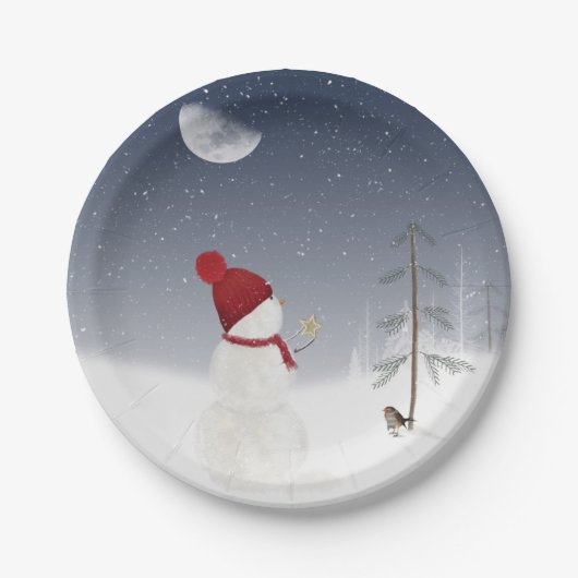 ゴールドの星のホリデー雪だるま ペーパープレート (正面)