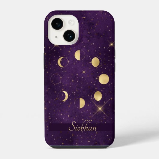 ゴールドの月の満ち欠け 紫色の星 個性的 iPhoneケース (裏面)