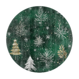 ゴールドの松の木とシルバーの雪の結晶、ハンターグリーンのデザイン カッティングボード