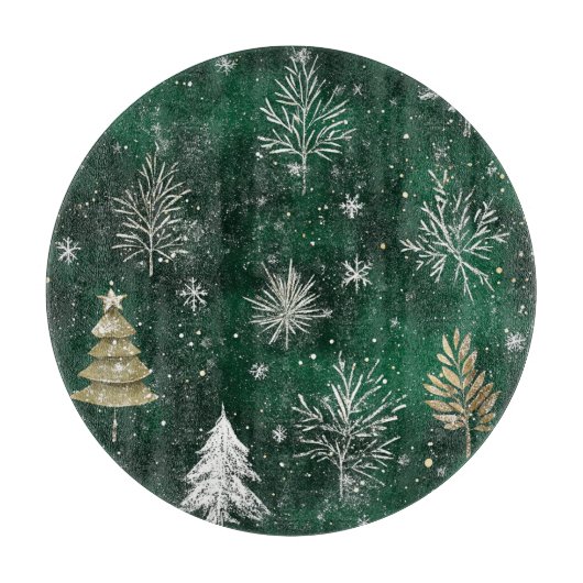 ゴールドの松の木とシルバーの雪の結晶、ハンターグリーンのデザイン カッティングボード (正面)