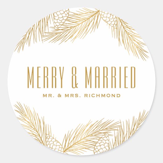ゴールドの松の葉と幸せな結婚クリスマス ラウンドシール (正面)