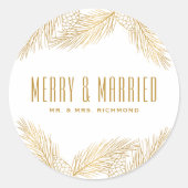 ゴールドの松の葉と結婚したクリスマス ラウンドシール (正面)