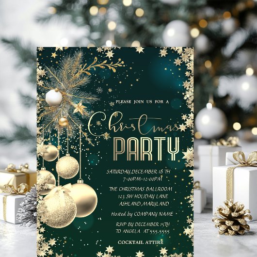 ゴールドの枝 ボール 星 緑の会社 クリスマス 招待状