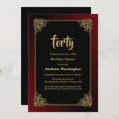 ゴールドの枠線 黒 40歳の誕生日ディナー 招待状 (正面/裏面)