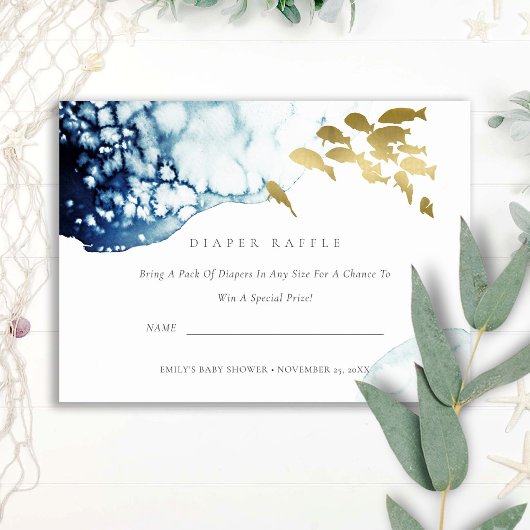 ゴールドの水中魚おむつラッフルベイビーシャワー エンクロージャーカード