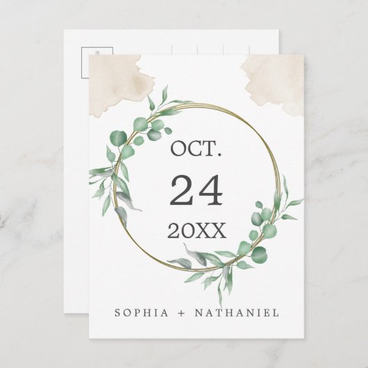 ゴールドの水彩グリーン セーブ・ザ・デート ポストカード (正面/裏面)