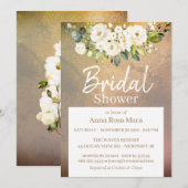 *~* ゴールドの水彩画の白いバラのブライダルシャワー 招待状 (正面/裏面)