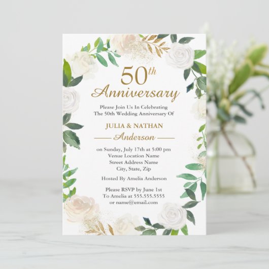 ゴールドの水彩画の花輪 50周年記念 結婚式 招待状 (スタンド正面)