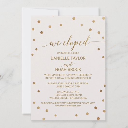 ゴールドの水玉模様の挙式後のパーティー招待状 招待状 (正面)
