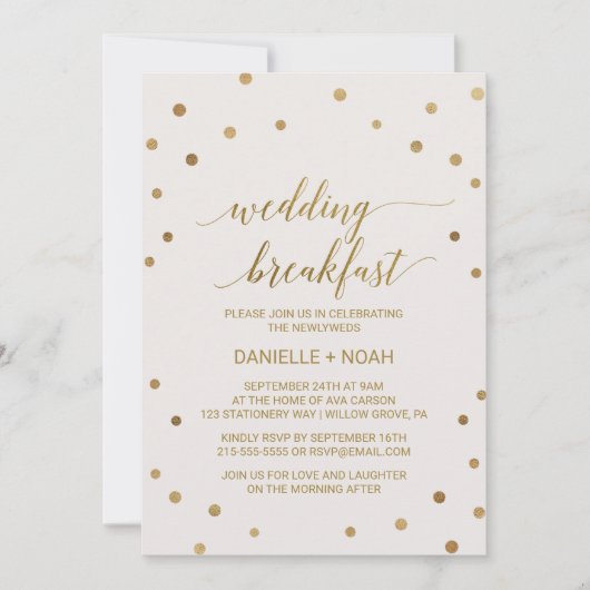 ゴールドの水玉模様の結婚式朝食 招待状 (正面)