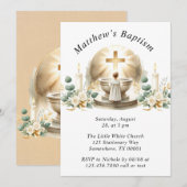 ゴールドの洗礼ベビーボーイ 誕生洗礼 招待状 (正面/裏面)