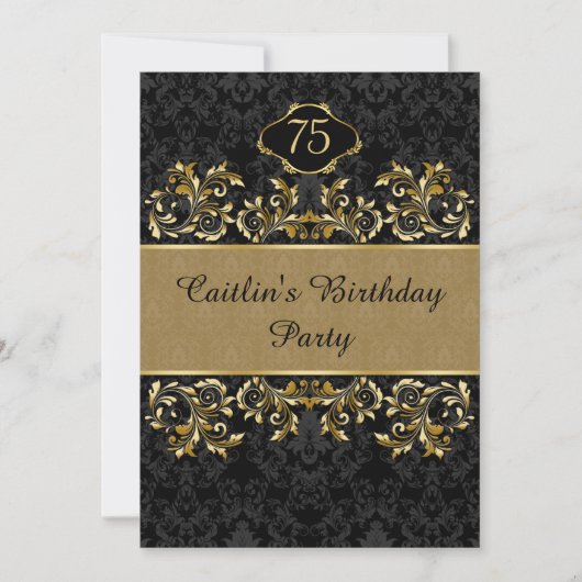 ゴールドの渦巻き、ブラックのダマスク 75歳の誕生日パーティー 招待状 (正面)