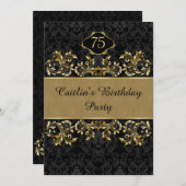 ゴールドの渦巻き、ブラックのダマスク 75歳の誕生日パーティー 招待状 (正面/裏面)