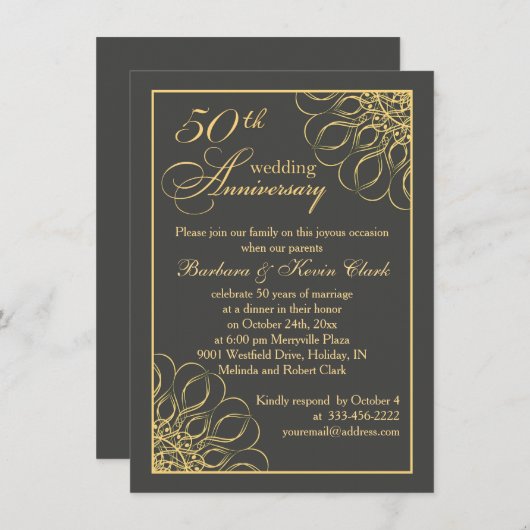ゴールドの渦 50周年記念結婚式 招待状 (正面/裏面)