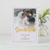ゴールドの特別な日を記念するカップル写真 クラシックカード セーブザデート (スタンド正面)