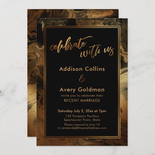 ゴールドの疑似メタリックブラック大理石 お祝いに参加しよう 招待状 (正面/裏面)