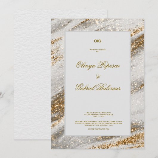 ゴールドの筆致が入った白い結婚式の招待状 招待状 (正面/裏面)