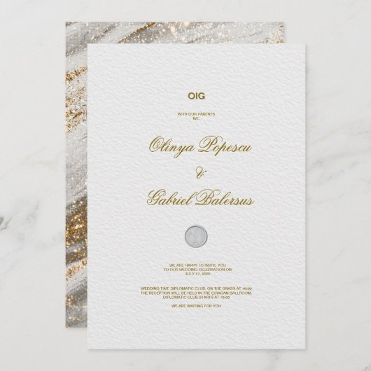 ゴールドの筆致が入った白い結婚式の招待状 招待状 (正面/裏面)