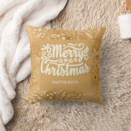 ゴールドの筆記体でクリスマスをお祝いするネームプレート クッション