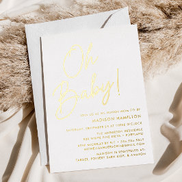 ゴールドの筆記体で「Oh Baby!」と書かれたベビーシャワーのペーパーアイテム 箔招待状