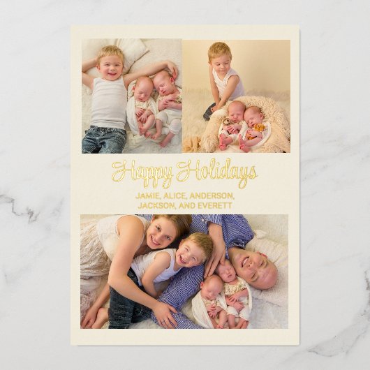 ゴールドの箔押しでおしゃれな写真ハガキ 幸せなホリデーシーズン 家族の写真 箔シーズンカード (正面)