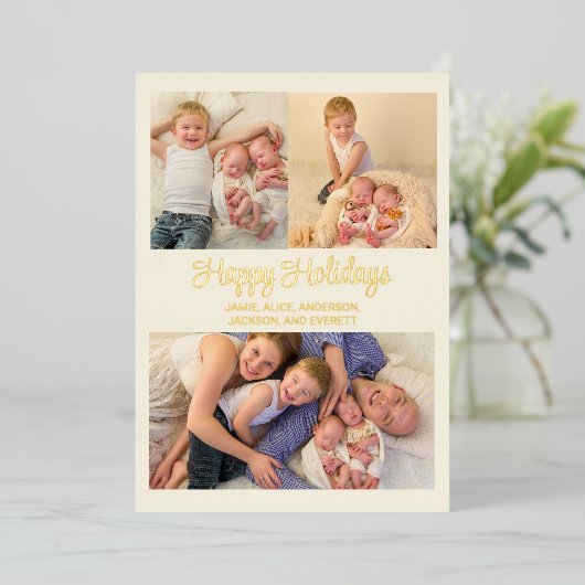 ゴールドの箔押しでおしゃれな写真ハガキ 幸せなホリデーシーズン 家族の写真 箔シーズンカード (立ち正面)