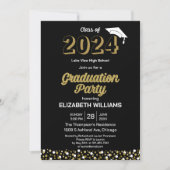 ゴールドの箔押しスクリプトコンフェッティ卒業パーティー ブラック 招待状 (正面)