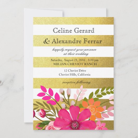 ゴールドの箔押しストライプとフォークロアの花のウェディングフューシャ 招待状 (正面)