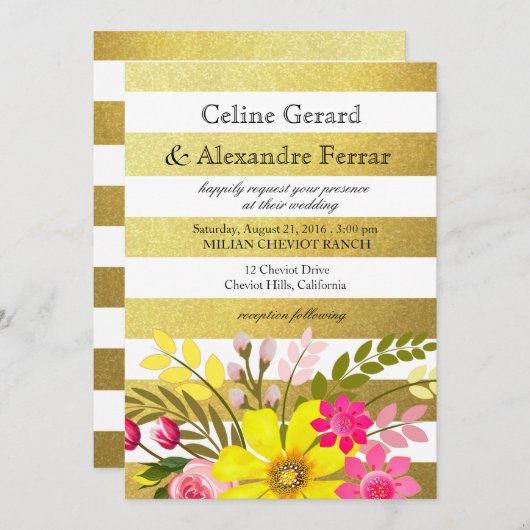 ゴールドの箔押しストライプとフォークロアの花のウェディング黄色 招待状 (正面/裏面)
