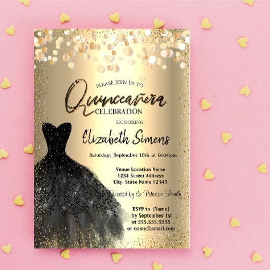 ゴールドの紙吹雪ドット、黒いドレスのキンセアニェーラ 招待状