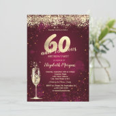 ゴールドの紙吹雪 赤 60歳の誕生日 シャンパングラス 招待状 (スタンド正面)