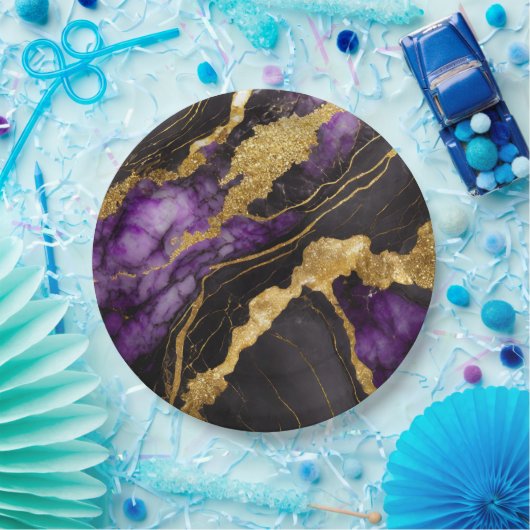 ゴールドの紫黒大理石模様 ペーパープレート (パーティー)