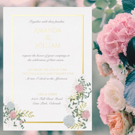 ゴールドの細やかな花模様の結婚式招待状 箔招待状