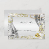 ゴールドの結婚指輪とハートのテーブルプレイスカード 招待状 (正面/裏面)