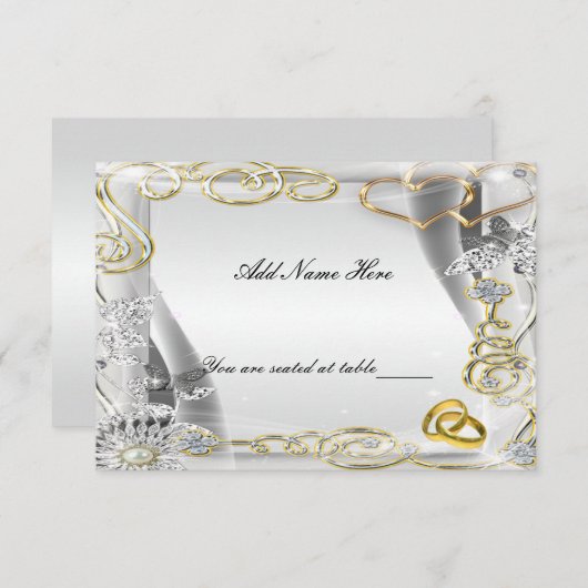 ゴールドの結婚指輪とハートのテーブルプレイスカード 招待状 (正面/裏面)