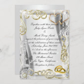 ゴールドの結婚指輪とハートの招待状 招待状 (正面/裏面)